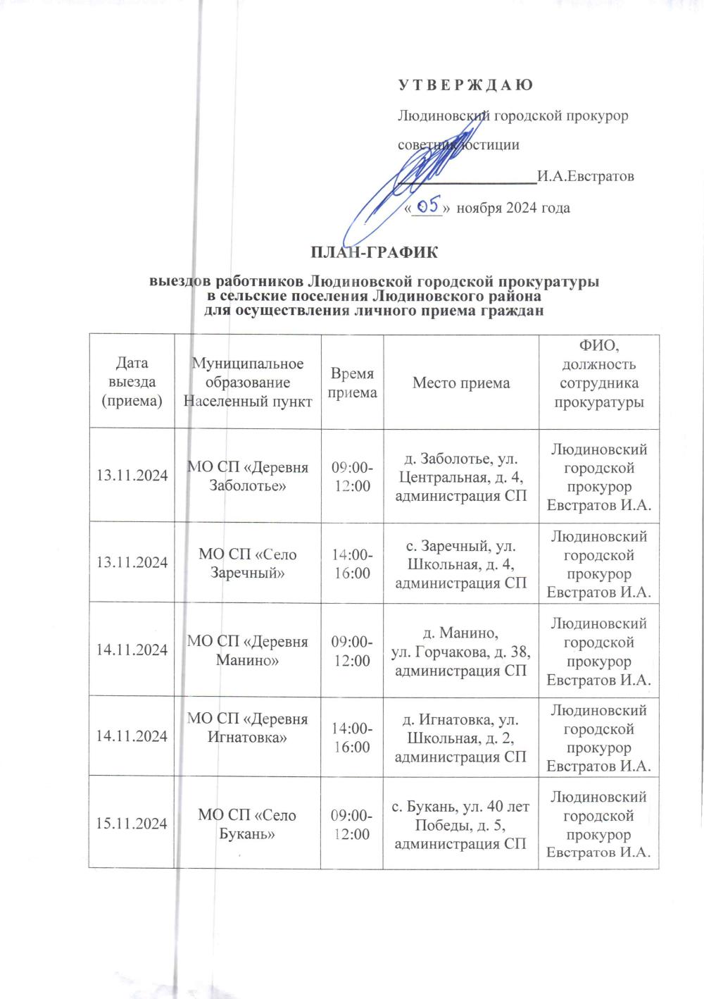 План-график выездов работников Людиновской городской прокуратуры в сельские поселения Людиновского района для осуществления личного приема граждан